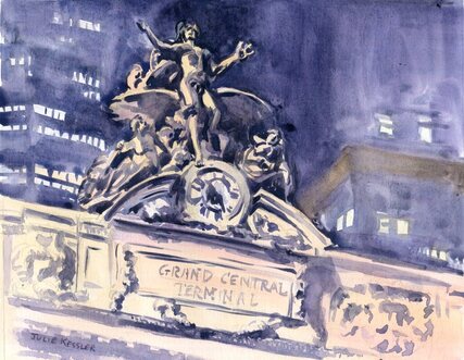 Sculpture & Clock at Grand Central Terminal, Watercolor, Julie Kessler